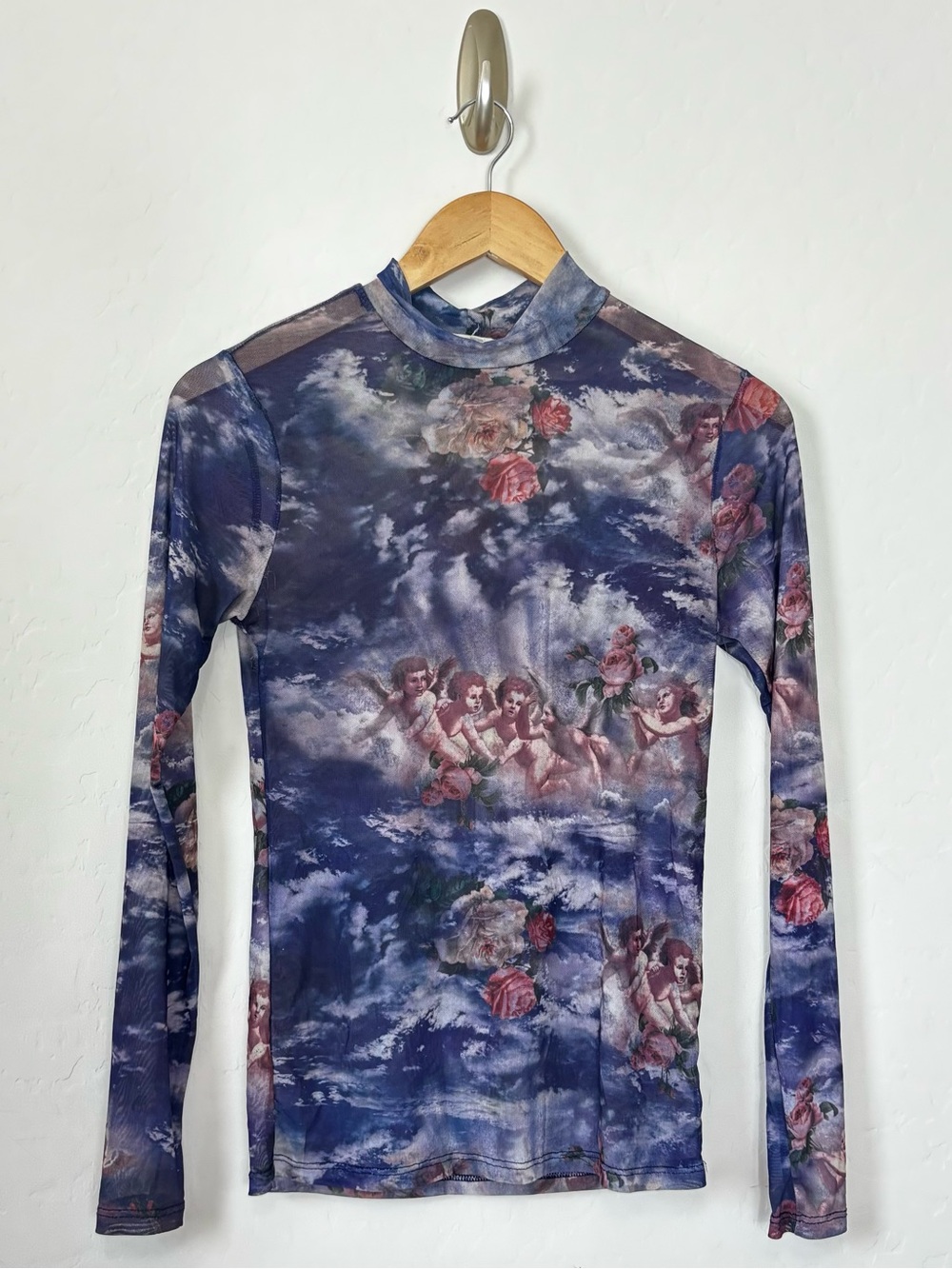 Y2K Angel Cloud Print Mesh Art To Wear Top Whimsigoth Renaissance Boho Ethereal